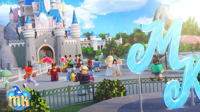 Roblox Disney Land theme park with Roblox characters walking around