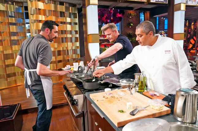 MASTERCHEF: L-R: Contestant Matt, chef/host Gordon Ramsay and guest judge Michael Mina in the Michael Mina Meat Roulette episode airing Wednesday, July 7 (8:00-9:00 PM ET/PT) on FOX. (Photo by FOX via Getty Images)
