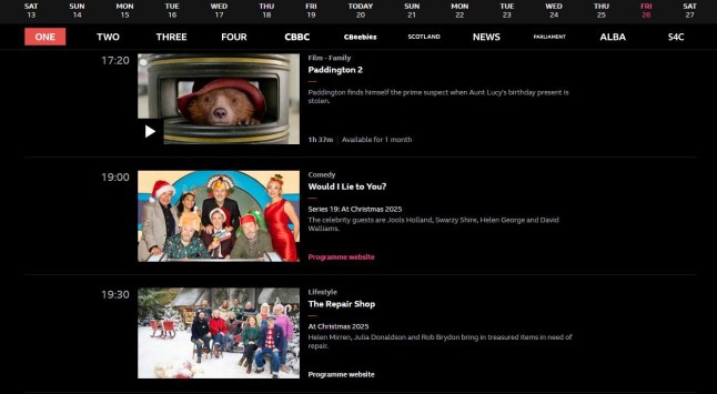 Grab from BBC iPlayer showing Would I Lie To You being broadcast on Boxing Day 2025.