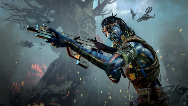 Avatar: Frontiers Of Pandora - From The Ashes screenshot of the main character with a gun