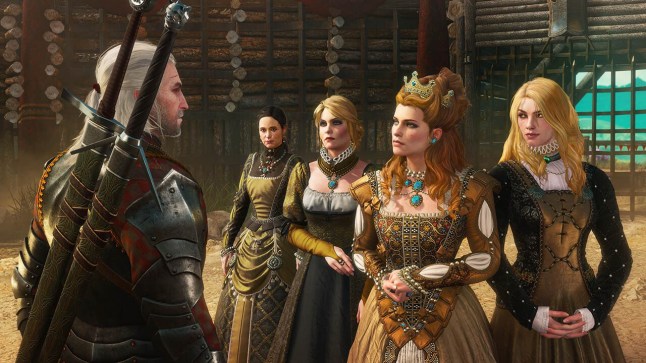 The Witcher 3: Blood and Wine DLC screenshot of Geralt talking to a group of women