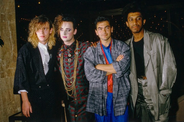 British new romantic pop group Culture Club at the Montreux pop festival in Switzerland, May 9 1985. Left to right: Roy Hay, lead singer Boy George, Jon Moss, Mikey Craig. (Photo by Dave Hogan/Hulton Archive/Getty Images)